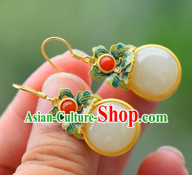 China Traditional Cheongsam Enamel Ear Accessories National White Jade Earrings