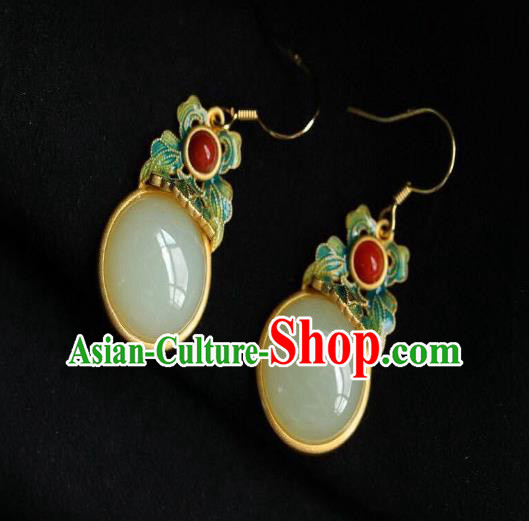 China Traditional Cheongsam Enamel Ear Accessories National White Jade Earrings