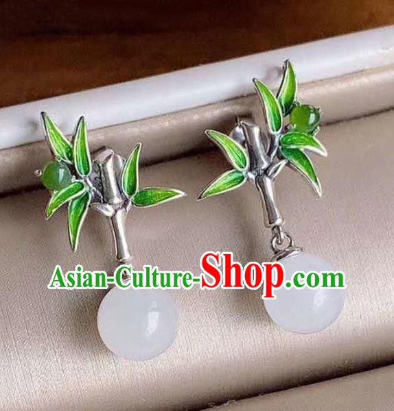 China National Silver Bamboo Earrings Traditional Cheongsam Chalcedony Ear Accessories