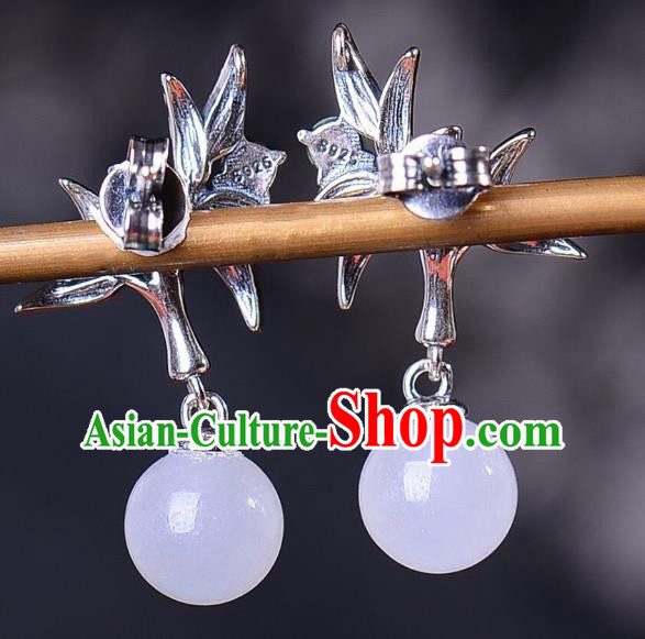 China National Silver Bamboo Earrings Traditional Cheongsam Chalcedony Ear Accessories
