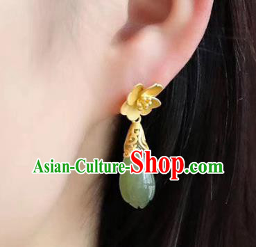 China National Jade Mangnolia Earrings Traditional Cheongsam Golden Ear Accessories
