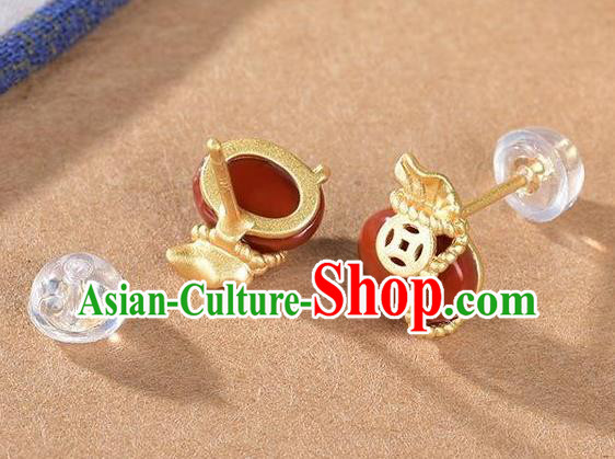 China National Agate Lucky Bag Earrings Traditional Cheongsam Golden Copper Ear Jewelry Accessories
