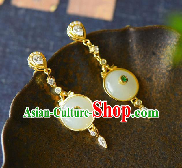 China Traditional Cheongsam Crystal Ear Jewelry Accessories National Jade Peace Buckle Earrings