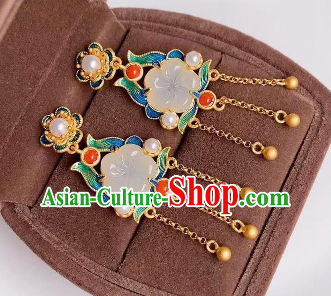 China Traditional Golden Tassel Ear Jewelry Accessories National Cheongsam Enamel Jade Plum Earrings