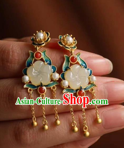 China Traditional Golden Tassel Ear Jewelry Accessories National Cheongsam Enamel Jade Plum Earrings