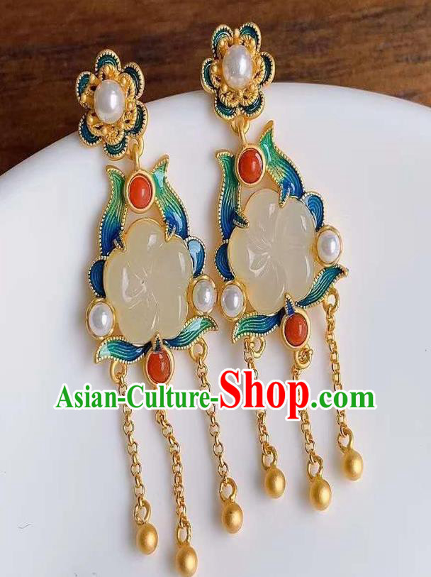 China Traditional Golden Tassel Ear Jewelry Accessories National Cheongsam Enamel Jade Plum Earrings