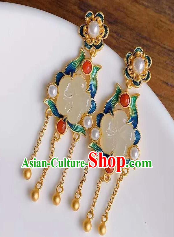 China Traditional Golden Tassel Ear Jewelry Accessories National Cheongsam Enamel Jade Plum Earrings