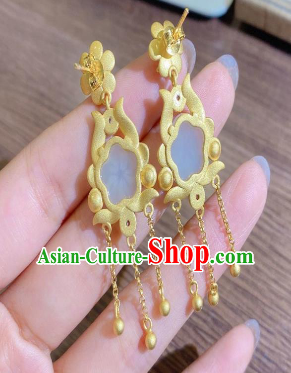 China Traditional Golden Tassel Ear Jewelry Accessories National Cheongsam Enamel Jade Plum Earrings