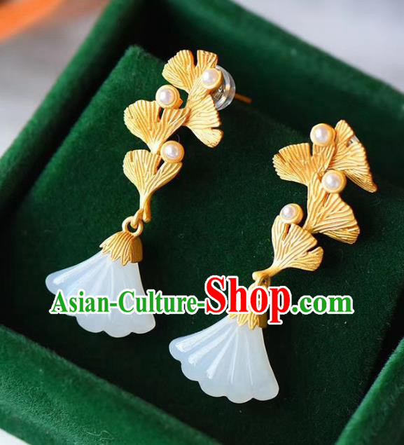China Traditional Golden Ear Jewelry Accessories National Cheongsam Jade Ginkgo Leaf Earrings