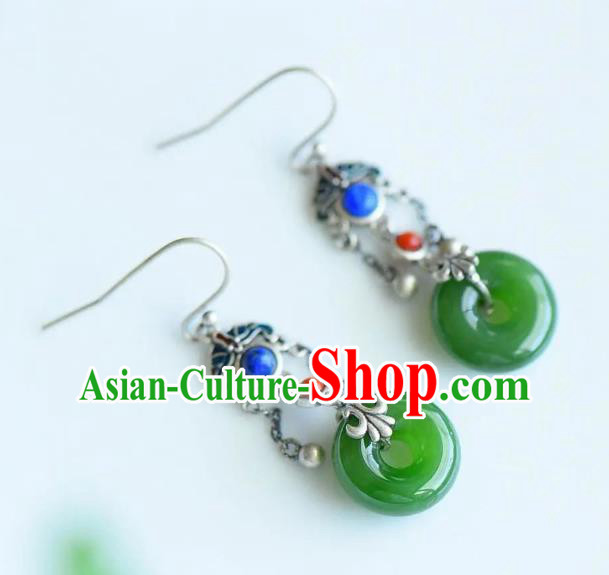 China Traditional Silver Lapis Ear Jewelry Accessories National Cheongsam Green Jade Earrings