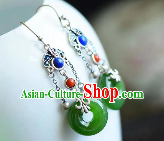 China Traditional Silver Lapis Ear Jewelry Accessories National Cheongsam Green Jade Earrings