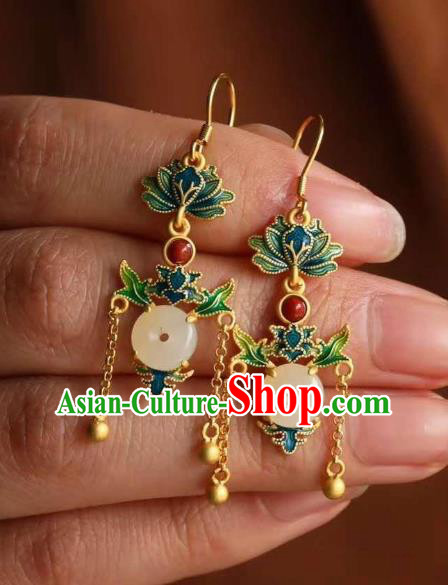 China Traditional Cloisonne Lotus Ear Jewelry Accessories National Cheongsam Jade Peace Buckle Earrings