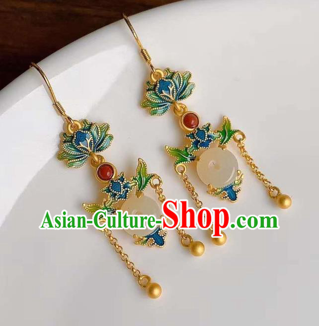 China Traditional Cloisonne Lotus Ear Jewelry Accessories National Cheongsam Jade Peace Buckle Earrings