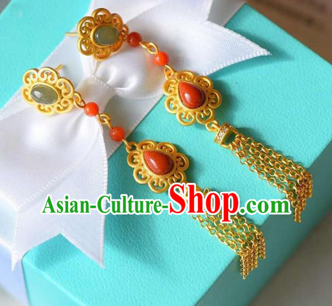 China Traditional Court Golden Tassel Ear Jewelry Accessories National Cheongsam Agate Earrings