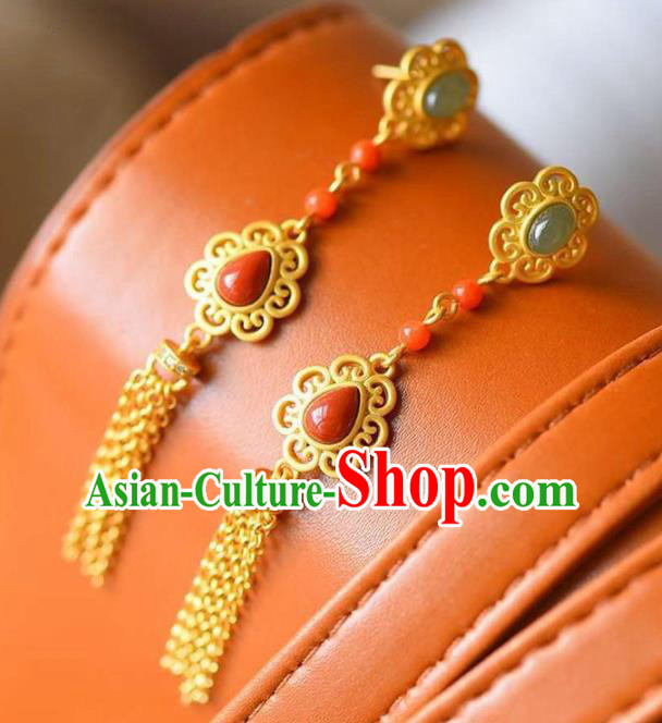 China Traditional Court Golden Tassel Ear Jewelry Accessories National Cheongsam Agate Earrings