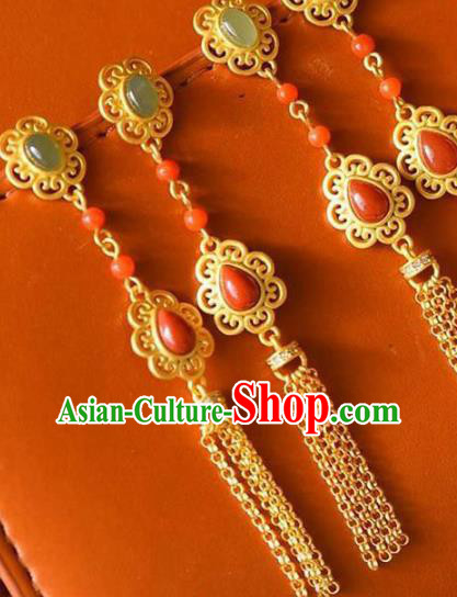 China Traditional Court Golden Tassel Ear Jewelry Accessories National Cheongsam Agate Earrings