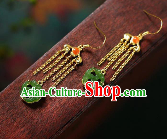 China Traditional Green Jade Ear Jewelry Accessories National Cheongsam Golden Tassel Earrings