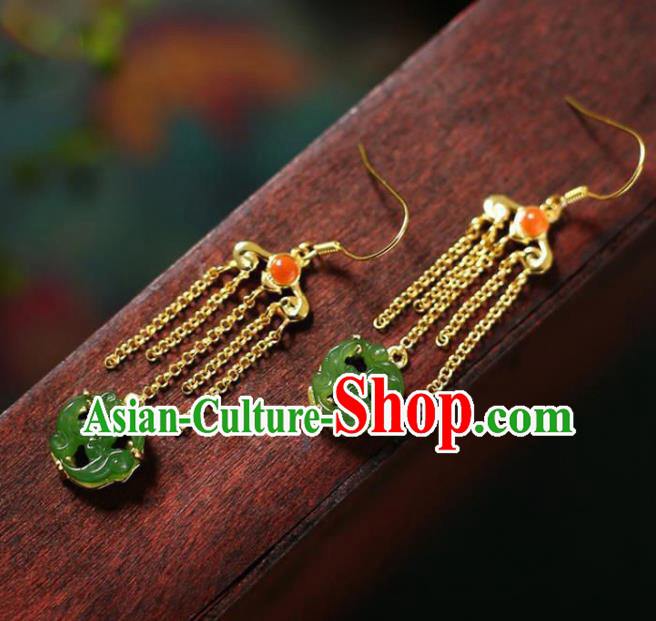 China Traditional Green Jade Ear Jewelry Accessories National Cheongsam Golden Tassel Earrings