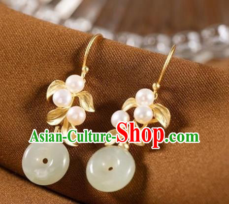 China Traditional Jade Peace Buckle Ear Jewelry Accessories National Cheongsam Golden Leaf Earrings