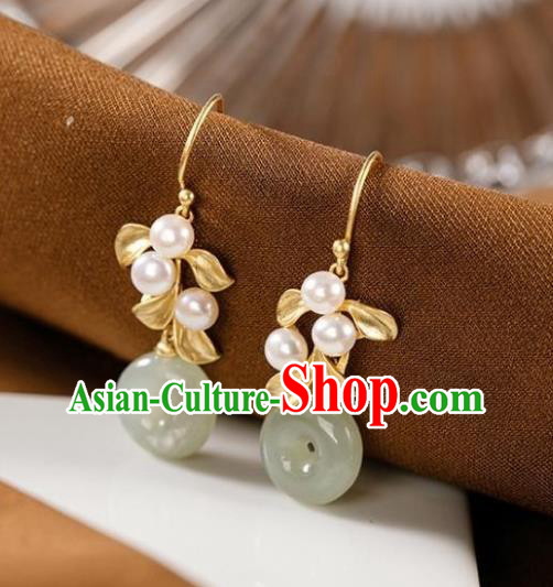China Traditional Jade Peace Buckle Ear Jewelry Accessories National Cheongsam Golden Leaf Earrings