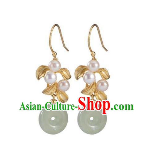 China Traditional Jade Peace Buckle Ear Jewelry Accessories National Cheongsam Golden Leaf Earrings