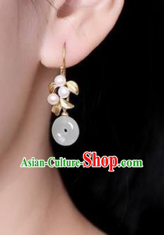China Traditional Jade Peace Buckle Ear Jewelry Accessories National Cheongsam Golden Leaf Earrings
