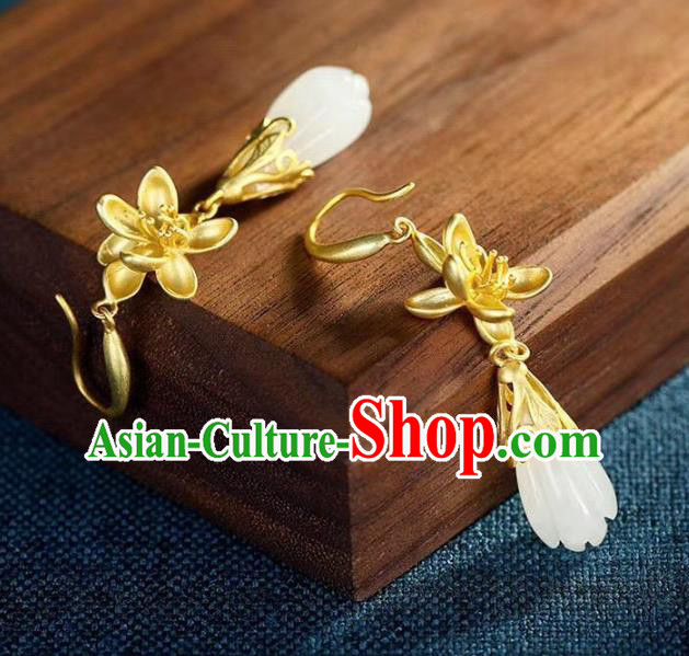 China Traditional Golden Lotus Ear Jewelry Accessories National Cheongsam Jade Mangnolia Earrings