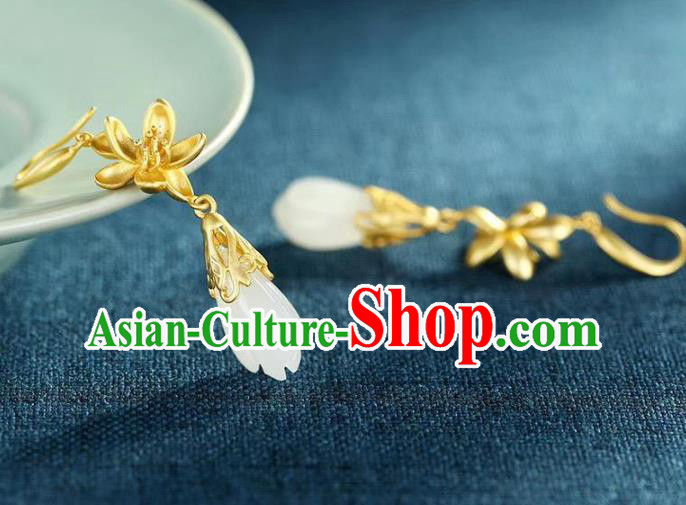 China Traditional Golden Lotus Ear Jewelry Accessories National Cheongsam Jade Mangnolia Earrings