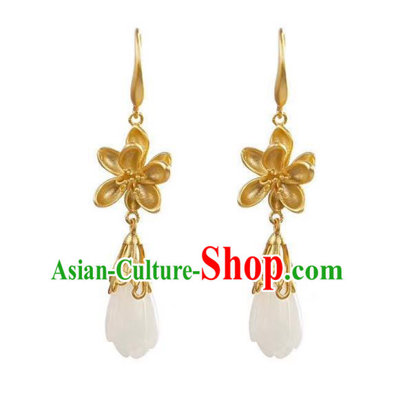 China Traditional Golden Lotus Ear Jewelry Accessories National Cheongsam Jade Mangnolia Earrings