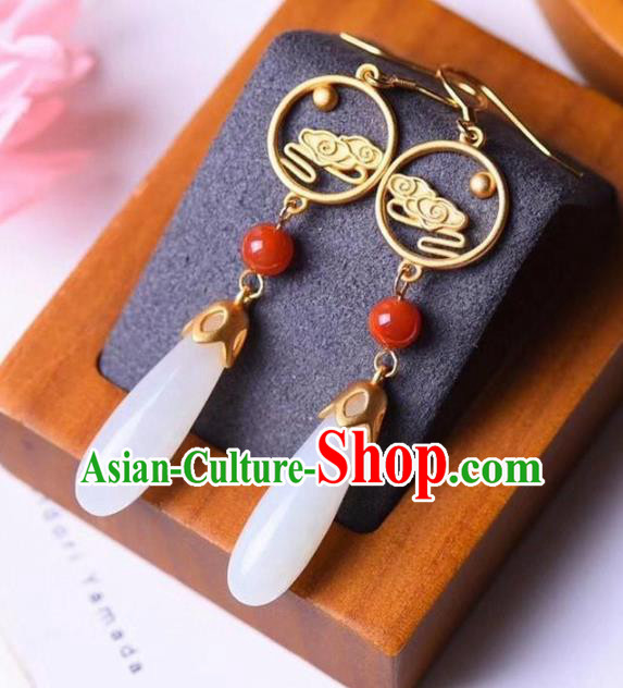 China Traditional White Jade Ear Jewelry Accessories National Cheongsam Golden Cloud Earrings