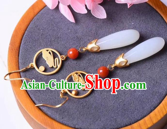 China Traditional White Jade Ear Jewelry Accessories National Cheongsam Golden Cloud Earrings
