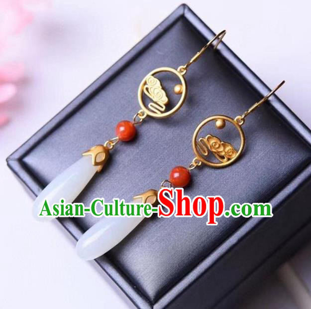 China Traditional White Jade Ear Jewelry Accessories National Cheongsam Golden Cloud Earrings