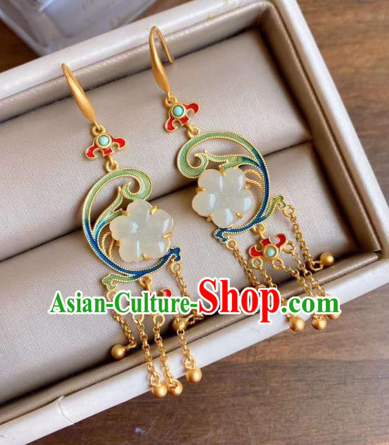 China Traditional Jade Plum Ear Jewelry Accessories National Cheongsam Golden Tassel Earrings