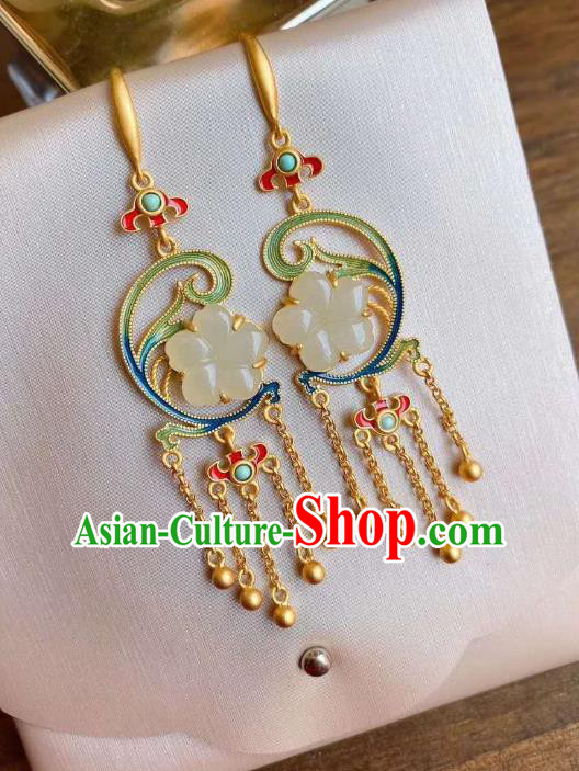 China Traditional Jade Plum Ear Jewelry Accessories National Cheongsam Golden Tassel Earrings