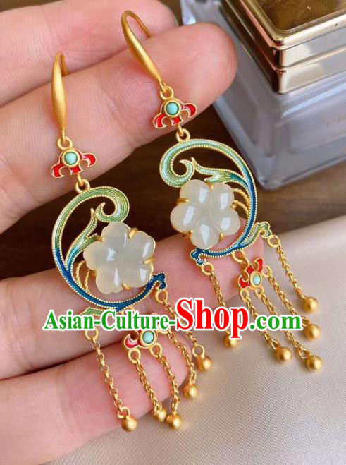 China Traditional Jade Plum Ear Jewelry Accessories National Cheongsam Golden Tassel Earrings