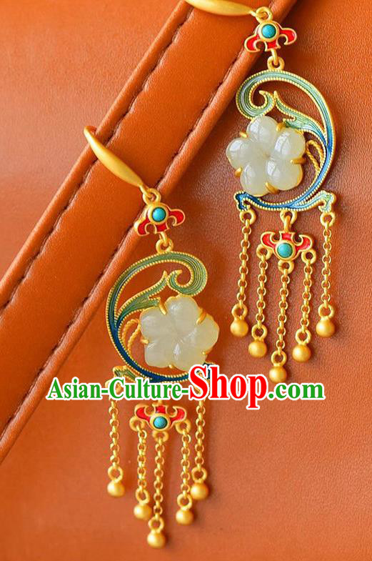 China Traditional Jade Plum Ear Jewelry Accessories National Cheongsam Golden Tassel Earrings