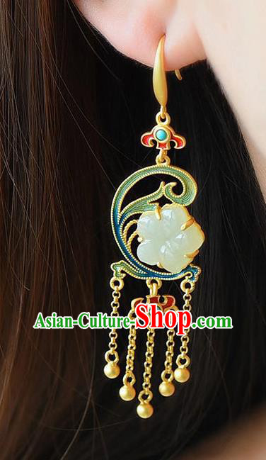 China Traditional Jade Plum Ear Jewelry Accessories National Cheongsam Golden Tassel Earrings