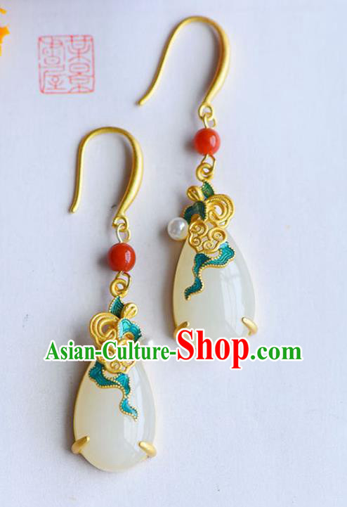 China Traditional Blueing Cloud Ear Jewelry Accessories National Cheongsam White Jade Earrings