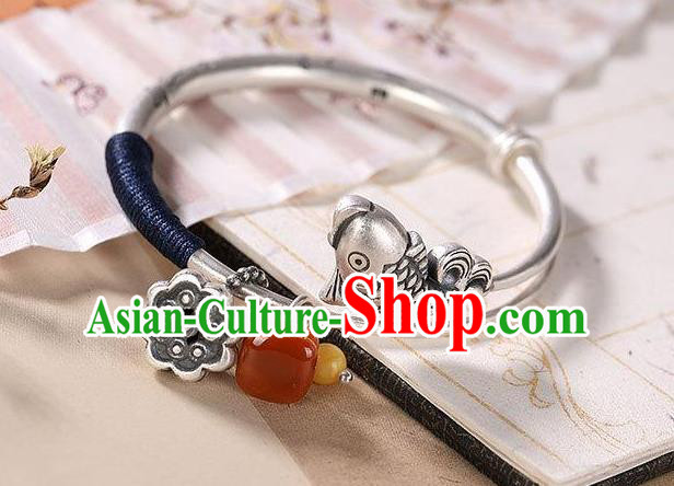 China Handmade Silver Fish Bracelet Accessories Traditional Agate Persimmon Tassel Bangle Jewelry