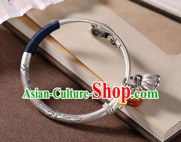 China Handmade Silver Fish Bracelet Accessories Traditional Agate Persimmon Tassel Bangle Jewelry