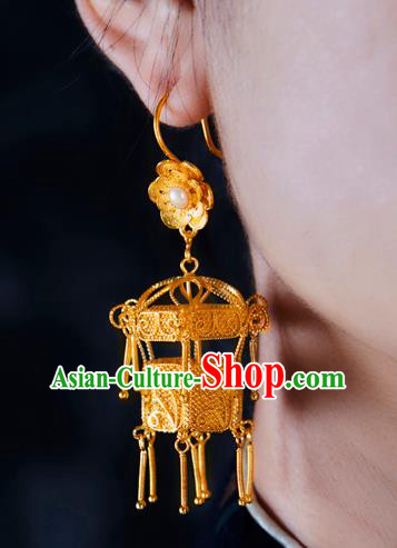 China Traditional Ming Dynasty Pearl Ear Jewelry Accessories Ancient Empress Golden Lantern Earrings