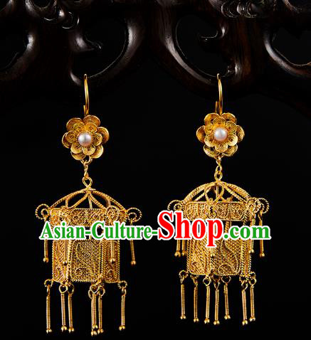 China Traditional Ming Dynasty Pearl Ear Jewelry Accessories Ancient Empress Golden Lantern Earrings