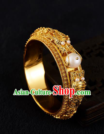Chinese National Wedding Golden Bracelet Handmade Jewelry Accessories Classical Pearls Bangle