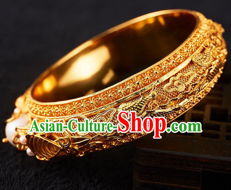 Chinese National Wedding Golden Bracelet Handmade Jewelry Accessories Classical Pearls Bangle