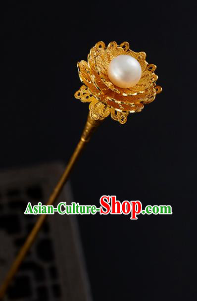 China Handmade Golden Hair Stick Jewelry Accessories Traditional Ming Dynasty Pearl Hairpin