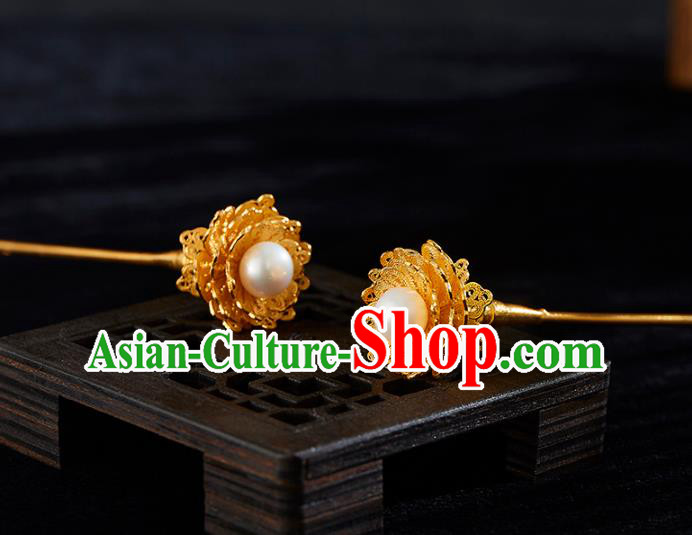 China Handmade Golden Hair Stick Jewelry Accessories Traditional Ming Dynasty Pearl Hairpin