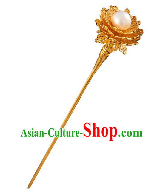 China Handmade Golden Hair Stick Jewelry Accessories Traditional Ming Dynasty Pearl Hairpin