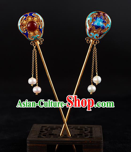 China Handmade Pearls Tassel Hair Stick Jewelry Accessories Traditional Qing Dynasty Empress Blueing Hairpin
