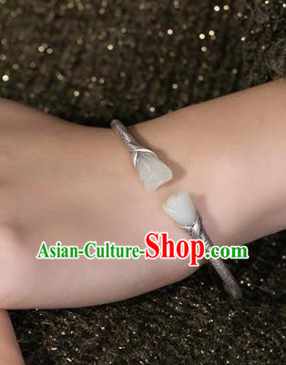 China Handmade Jade Mangnolia Bracelet Accessories Traditional Silver Bangle Jewelry