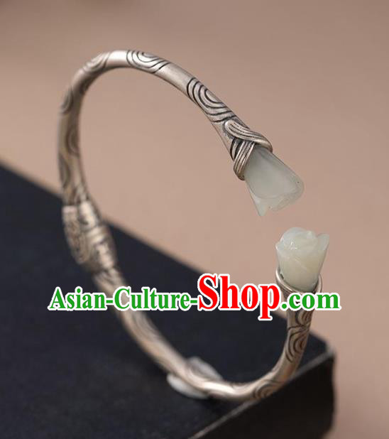 China Handmade Jade Mangnolia Bracelet Accessories Traditional Silver Bangle Jewelry
